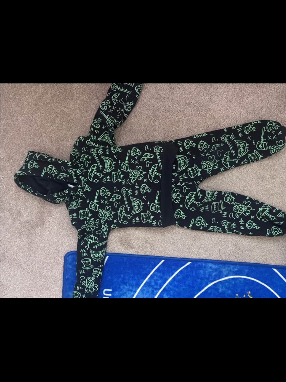 Lola + The Boys Black Footed Hoodie Romper with Neon Green Doodle Print